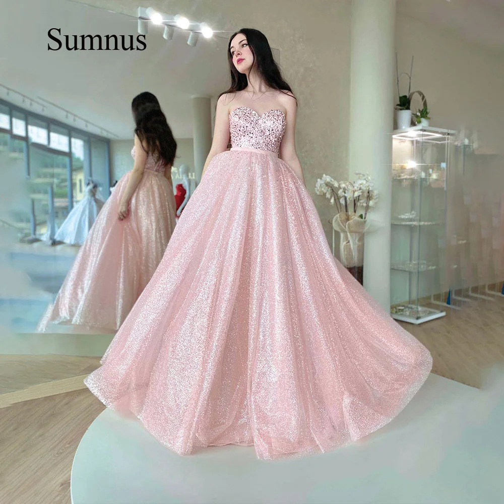 

Sumnus Shinny Blush Pink A Line Homecoming Party Dresses Sequins Sweetheart Long Tulle Evening Prom Dress Detachable Train