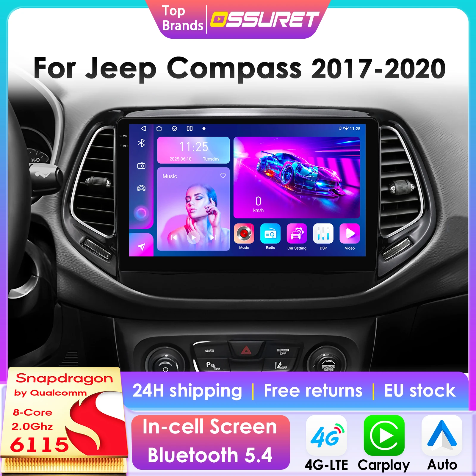 Autoradio Wireless CarPlay Android Auto per Jeep Compass 2017 - 2020, Sistemi Intelligenti GPS, Stereo Multimediale, Autoradio 4G 6115