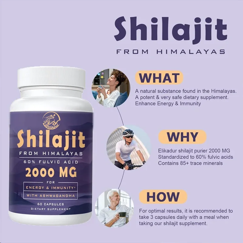 Natural Shilajit Supplement contains over 85 trace minerals and 60% fulvic acid, enhancing energy and immunity. 60 capsules