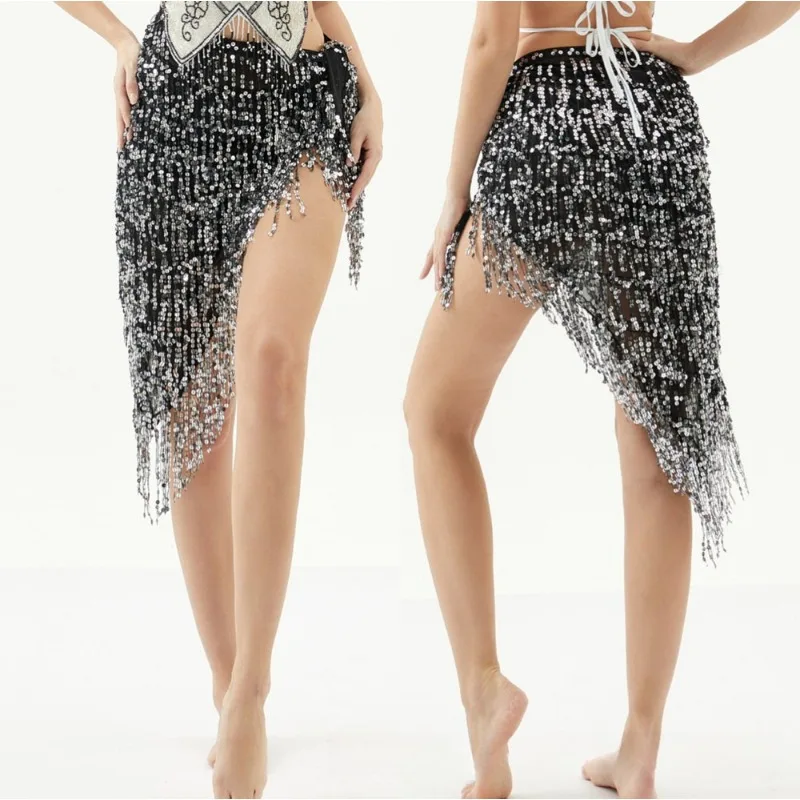 Sexy Belly Dance Outfit with Waist Chain Hip Scarf Wrap Skirt Sequins Fringe Heavy Work Performance Costume