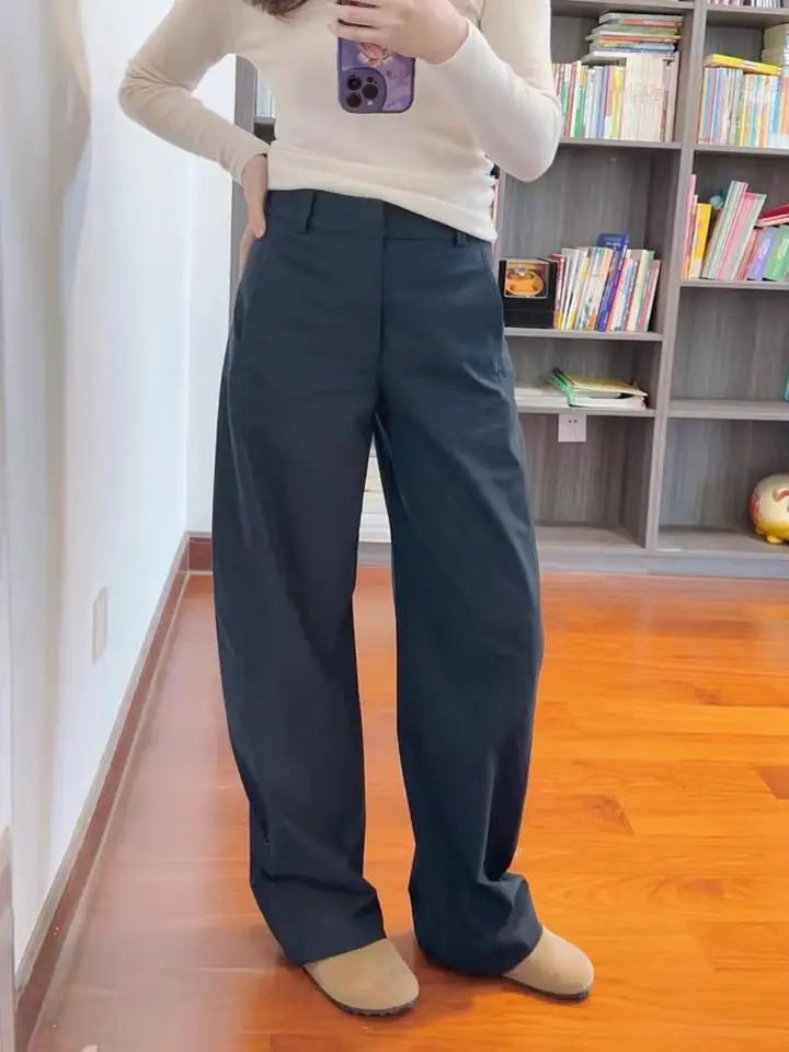 

Весенние женские вязаные свободные повседневные брюки, расширенная длина, рабочая одежда, прямые брюки на молнии с талией, длинные брюки