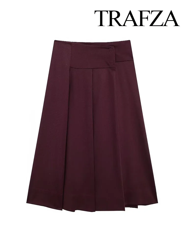 TRAFZA Women's Spring Fashion Design Basic Versatile Wide Pleated Midi Skirt Female Elegant Mid-Waist Ankle-Length 2-Color Skirt