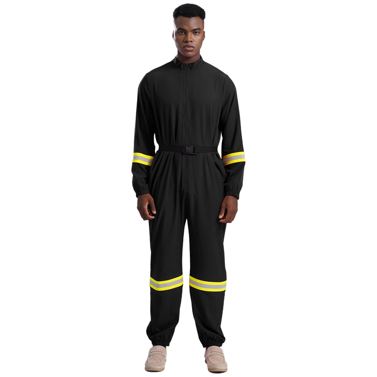 Mens Workshop Overall Romper Solid Color Labor Working Jumpsuit with Belt Long Sleeve Jumpsuit Front Zipper Bodysuit