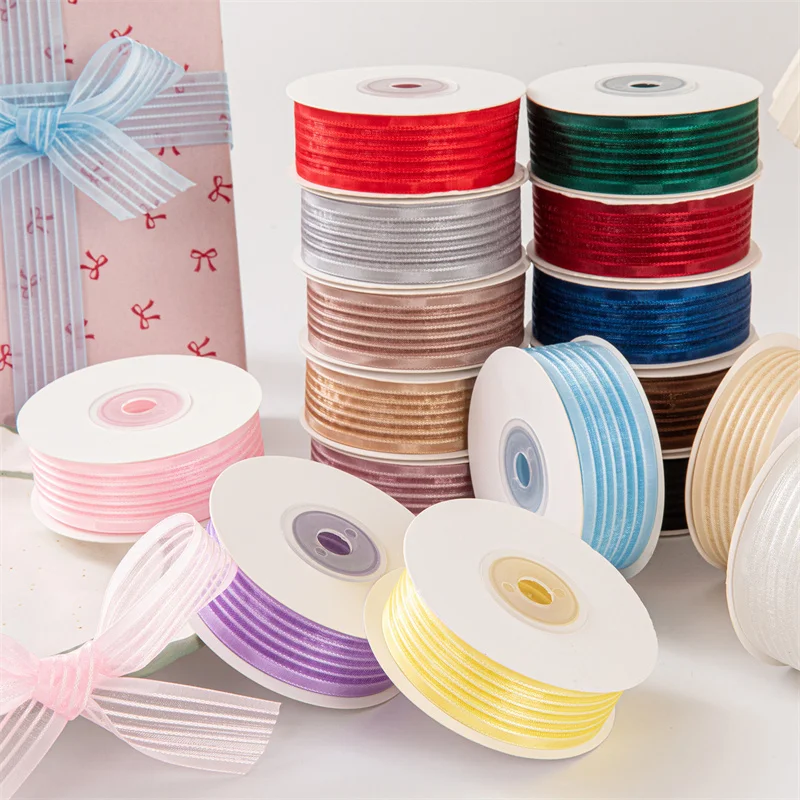 

50Y 25mm Snow Gauze Ribbon Transparent Colorful Organza Striped Ribbons DIY Craft Cake Gift Wrapping Floral Bouquet Wedding Bow
