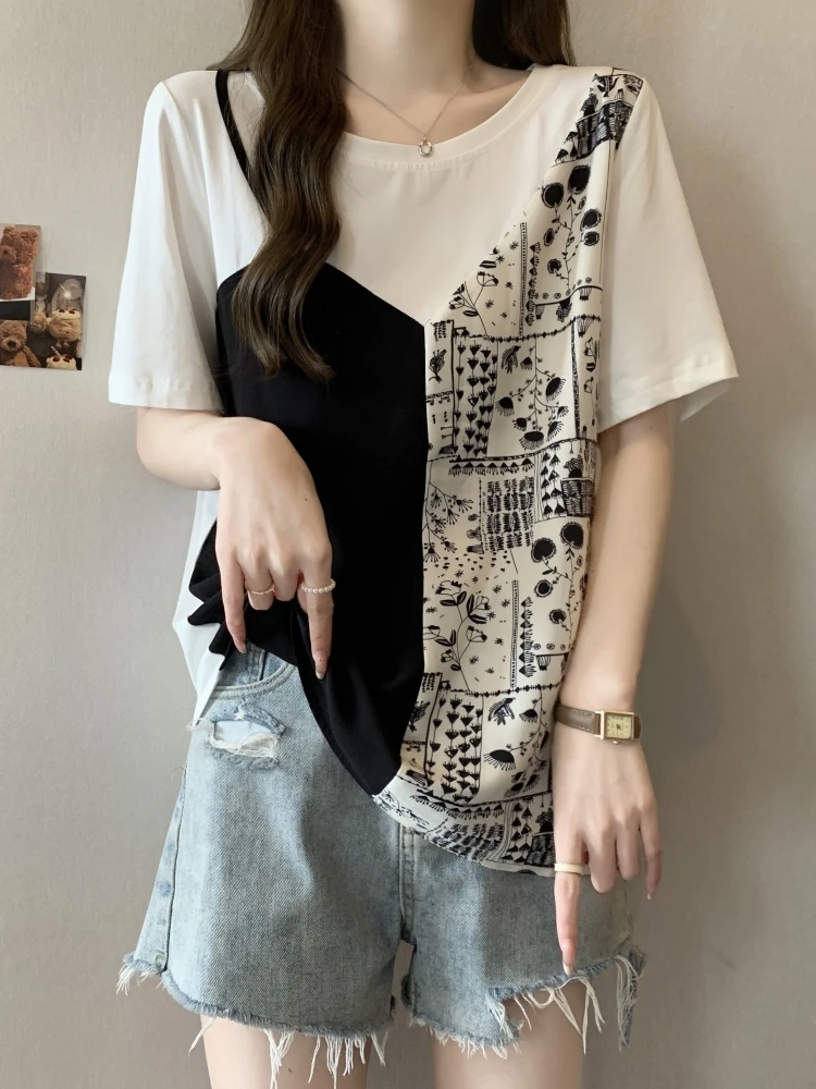 

Slimming Short Sleeve T-Shirt Women's Summer Bottoming Shirt European Style plus Size Conceal Meat Design False Two-Piece Top