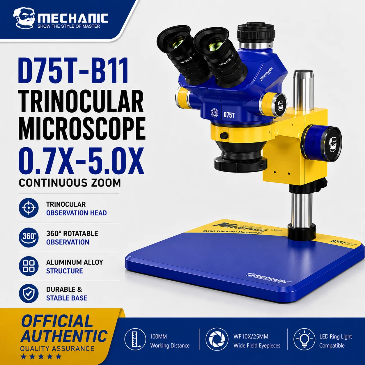MECHANIC D75T-B11 Trinocular Stereo Microscope 7X-50X Continuous Zoom WF10X/25 Wide Field 100mm Working Distance for PCB Repair