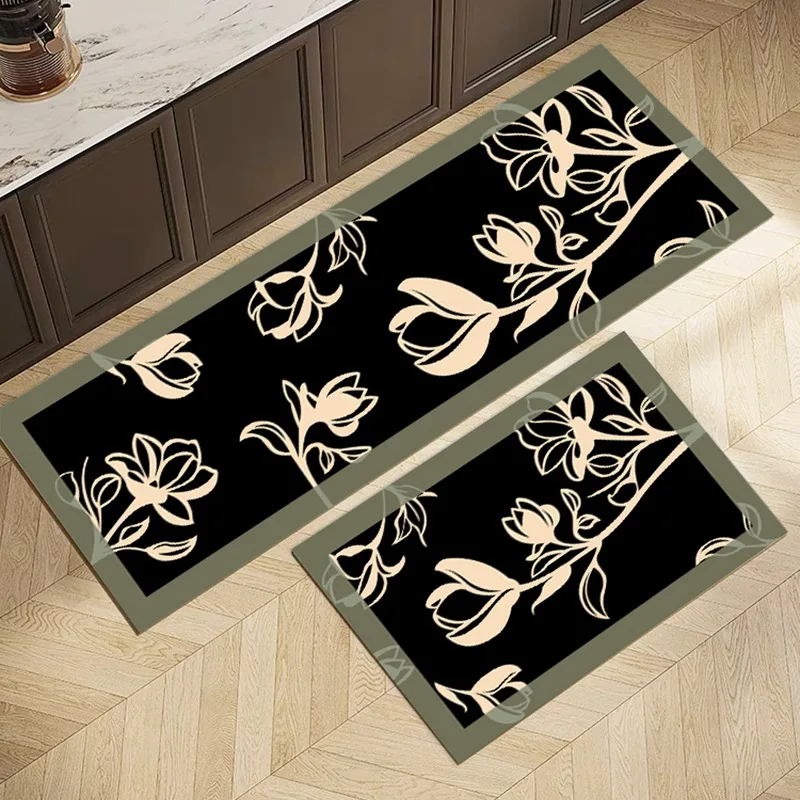 Retro Luxury Sketch Flowers PVC Leather Rug Waterproof Oil-proof Stain-resistant Kitchen Carpet Large Area Non-slip Floor Mats