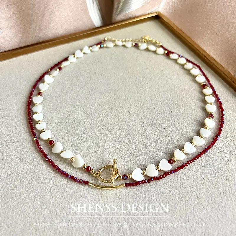 Fashionable Shell Love Necklace Double Layer Temperament Spinel Jewelry 40cm