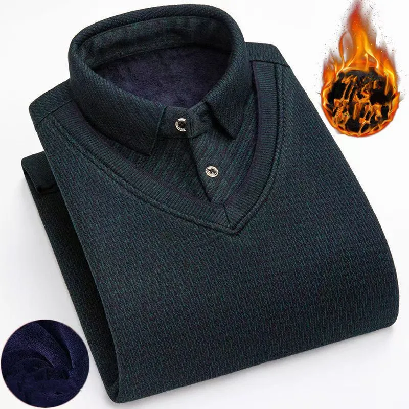 2025 Winter fleece and thickened men's sweater, long-sleeved shirt with collar, middle-aged knitted base shirt, 6 colors