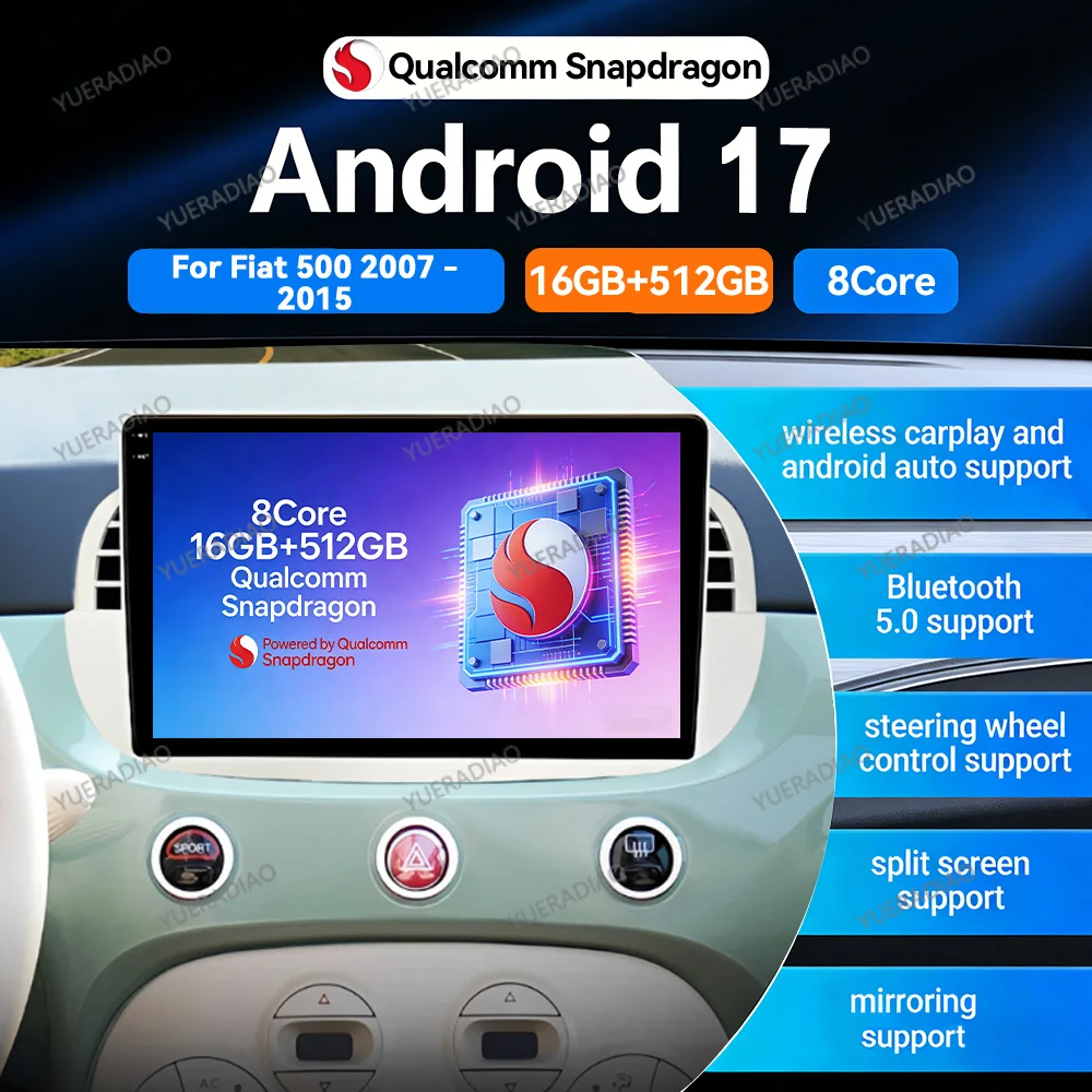 Android 17 Wireless CarPlay Auto For FIAT 500 2007 - 2015 Car Radio Multimedia Video Player 2K GPS AI Voice 4G WIFI NAVI QLED BT
