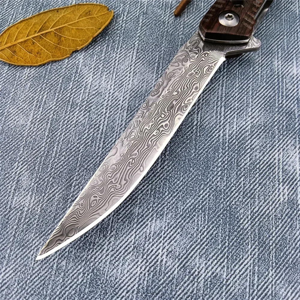 Cuchillo plegable de bolsillo ligero con hoja de acero damasco V10, mango de palisandro para acampar al aire libre, cuchillos tácticos de caza, herramienta EDC de fruta