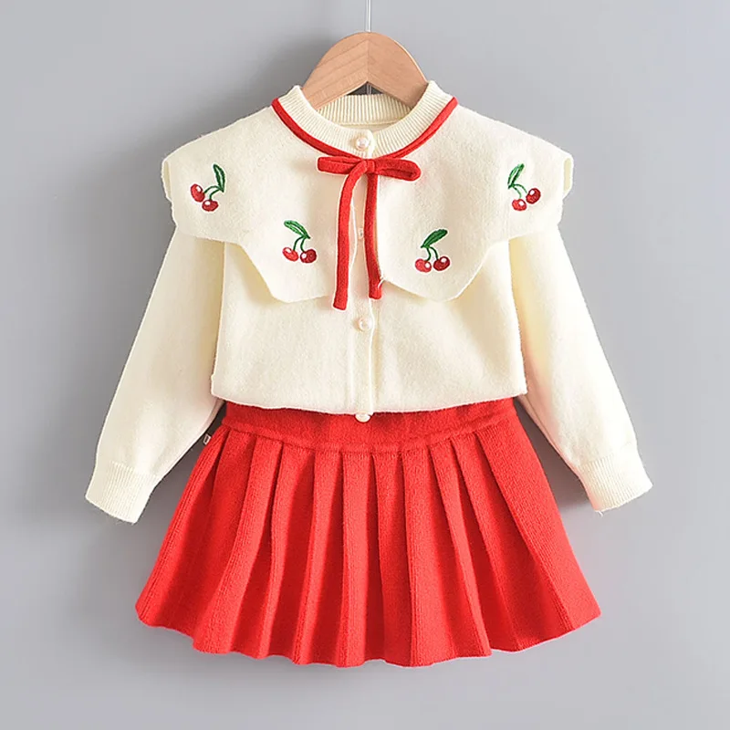 

Girls' Autumn Winter New Fashionable Knitted Sweater Two-Piece Set Cute Long Sleeve Dress for Toddlers