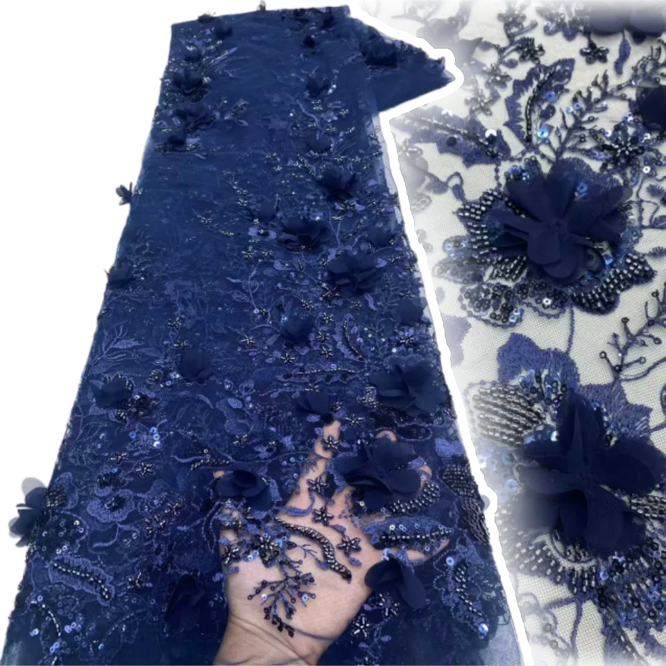 

Sky Blue 3D Flower Embroidery Lace Flower Beaded Fabric Lace Wedding Dress Gold French Lace Sequin Tulle for Sewing CC1510