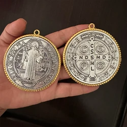 2PCS /Set EXTRA LARGE 3 INCH ST BENEDICT CROSS MEDAL VINTAGE BRASS TONE FINISH FOR WALL OR DESK DISPLAY/MEDALLA DE SAN BENITO