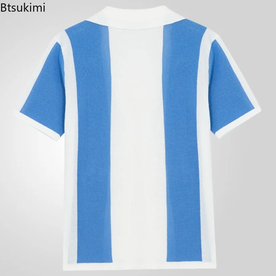 Luxury Men's Summer Knitted Jacquard Shirts Splice Contrast Color Buttoned Short Sleeve Cardigan Business Casual Polo Shirts New