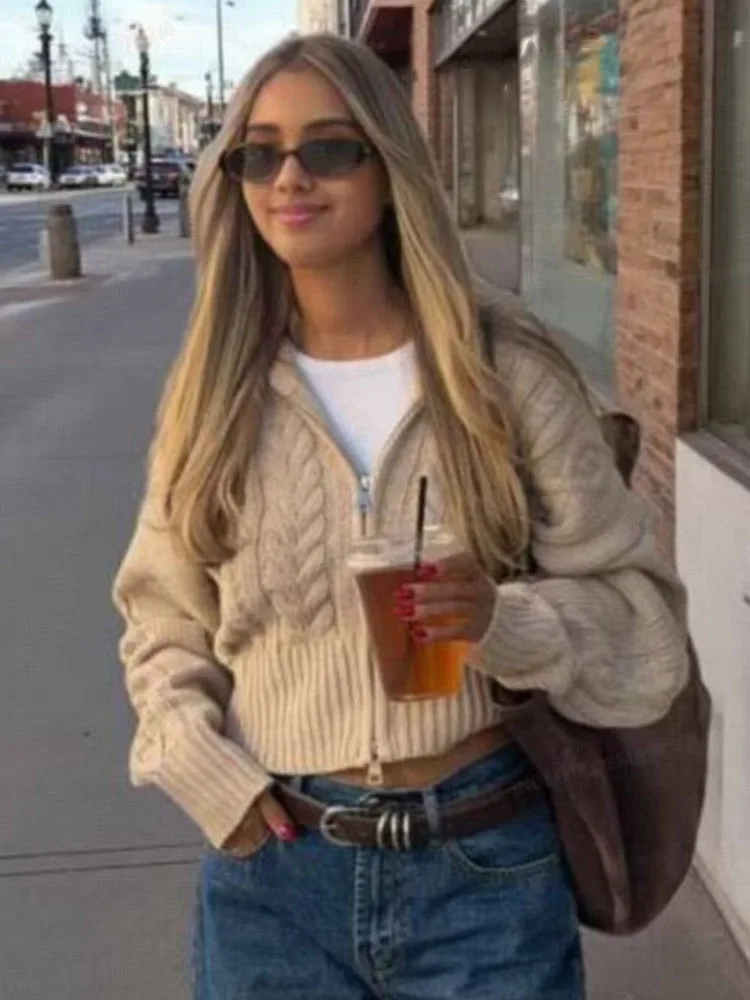 HH Women Autumn New Fashion Lazy Style Zipper Stand Collar Twist Knitted Cardigan Female Versatile Warm Long Sleeve Sweater