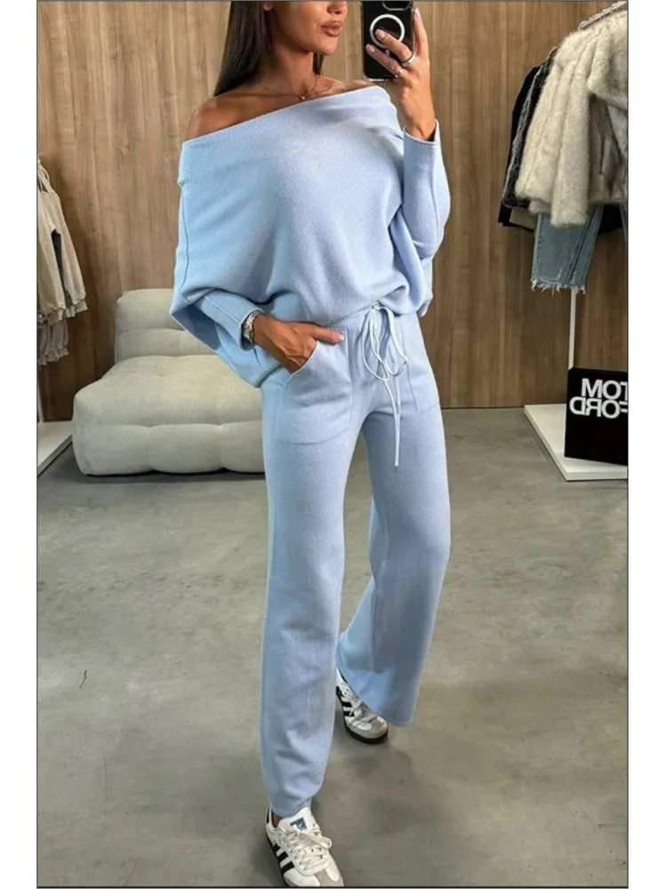 Autumn Winter Fashion 2Pcs/Sets Women Off Shoulder Bat Sleeves Sweatshirt Elastic Waist Flared Sweatpants Casual Tracksuit Suit