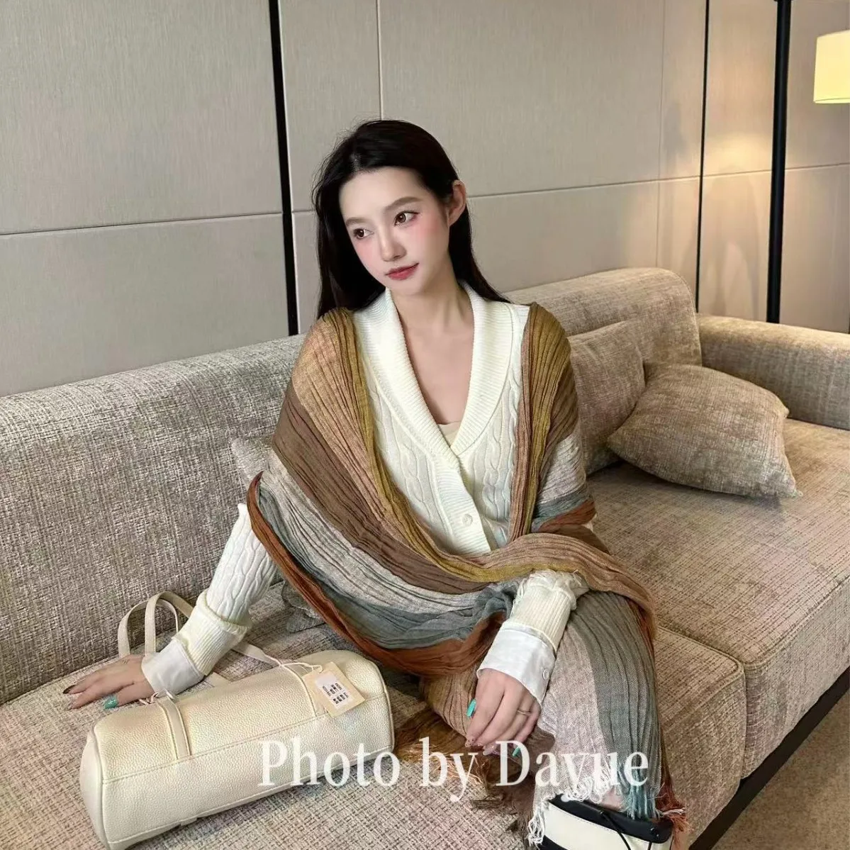 Women Vintage Gradient Striped Scarf Crinkled Pleated Long Shawl Wrap Fringe Soft Lightweight Casual Autumn Winter Neckwear