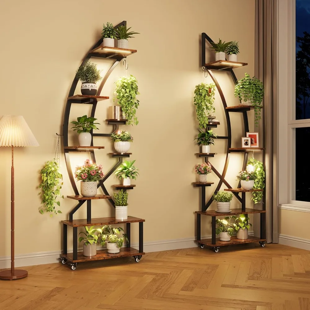 

Metal Plant Stand for Indoor Plants Multiple, Half-Moon Plant Display Rack for Living Room, Plant Shelves Indoor with Grow Light