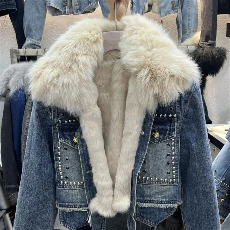 Fur Liner thick denim jacket for women autumn winter 2023 new short fashion Rivet fox fur collar fur coat Female Outerwear Y4539