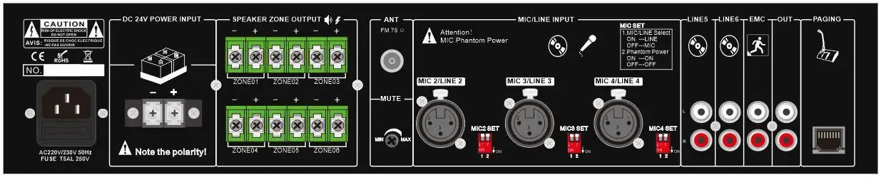 6 zone 120W power amplifier audio suooprt max 8 remote microphone mixer amplifier