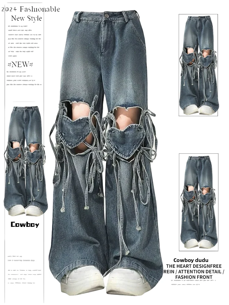 

High Waist Heart Tie Design Wide Leg Jeans Women's Spring Summer Autumn Denim Pants Loose Fit Tear Hole Vintage Sle