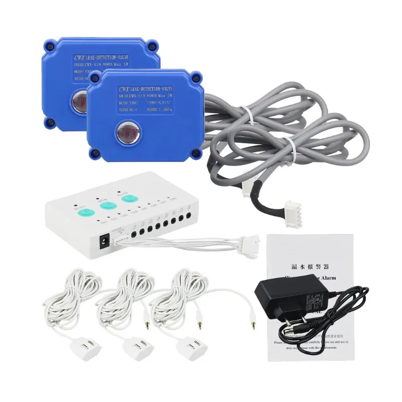 

Home Flood Alarm Kit Water Leak Protective System with 1/2" 3/4" 1" Smart Water Valves & 6m Leak Sensor Rope, DC5V Plug Powered