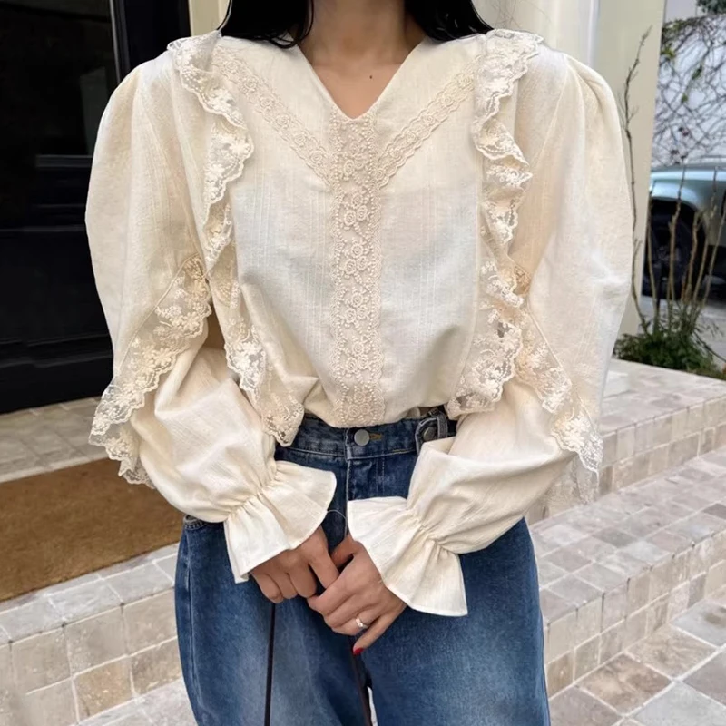 

Ретро Court Sle Long Sve V-Ne Lace Splicing Свободные женские шикарные осенние новые поступления универсальные поездки Sle Faion