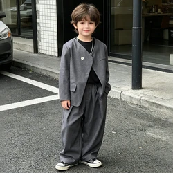 Boys Suit Casual Loose Grey Blazer Jacket Pants Two-piece School Children Clothing Set 2 To 13 Y Kids Piano Performance Costume