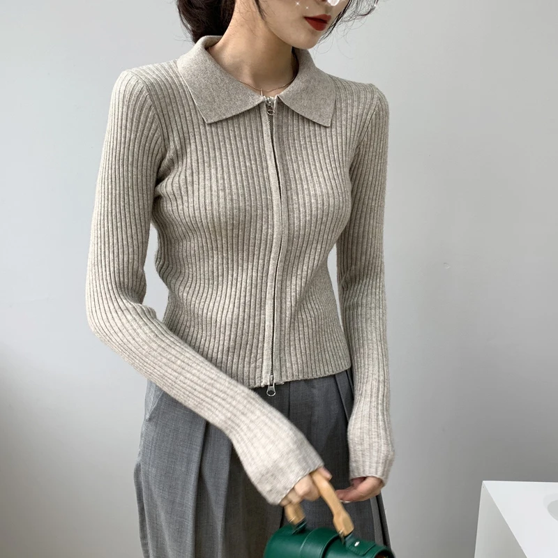 2024 Women Spring Sweater Knit Drouble Zip Design Sexy Slim Cardigans Turn Down Collar Sweater Casual Korean Fashion Tops