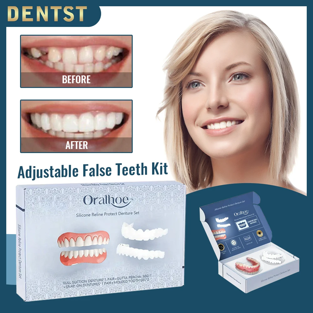 

Adjustable False Teeth Kit Top And Bottom Denture Hypoallergenic Dentures Natural Portable Silicone Fake Teeth
