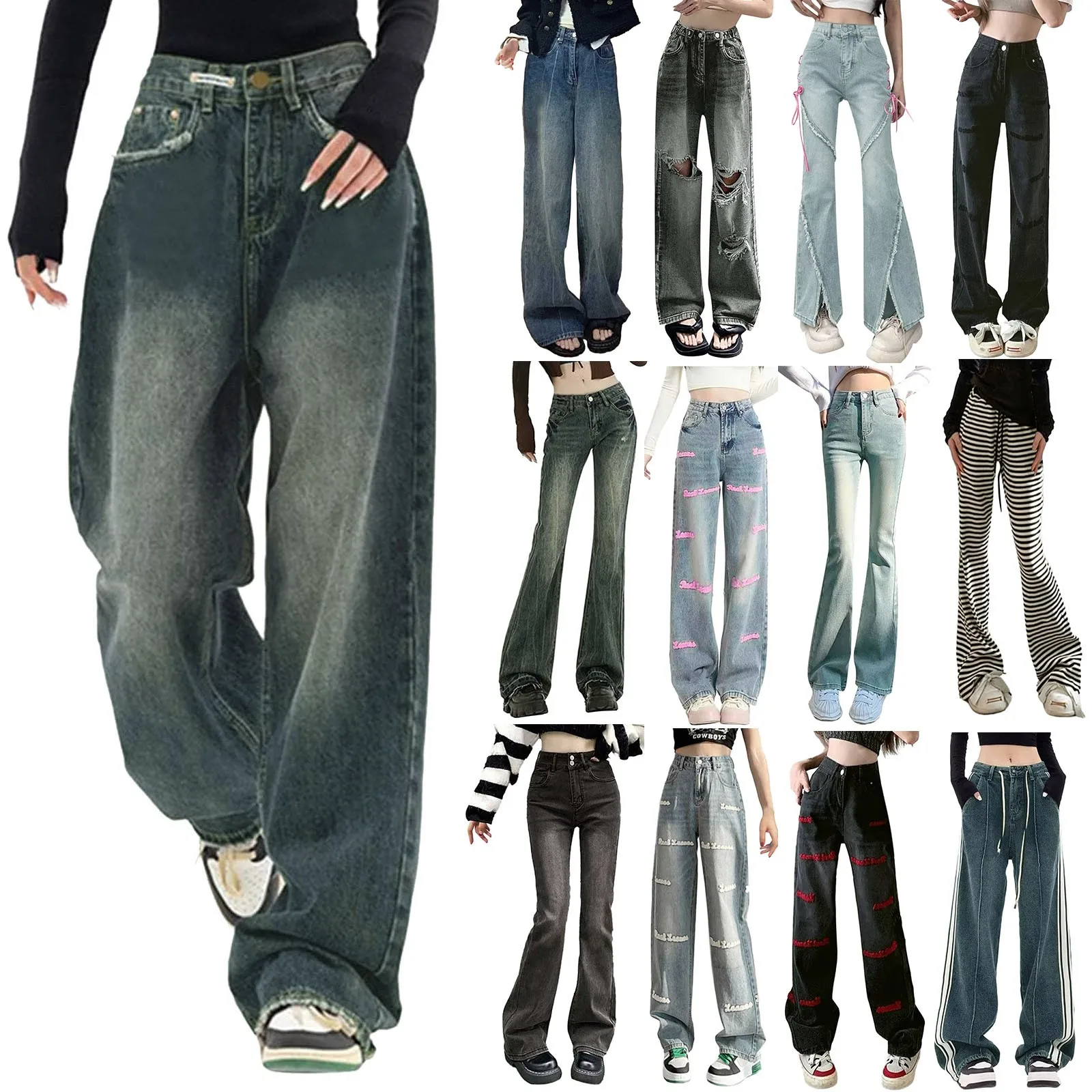 

Women Jeans Streetwear Retro Fashion High Waist Loose Wide Leg Straight Denim Trousers Y2K Baggy Pants Pantalones De Mujer