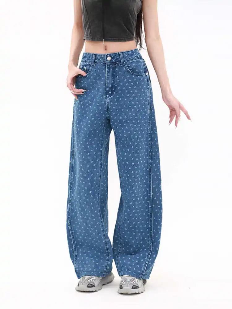 

Blue Women's Jeans Hip-hop Fashion Vintage Streetwear Y2K Wide Leg Straight Jean High Waist Trouser Classic Baggy Denim Pants