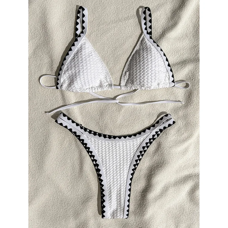 

Sexy Triangle Push Up Bikini Swimwear Popped Fabric Brazilian Bikinis Women Crochet String Swimsuit Patchwork Beach Bathing Suit