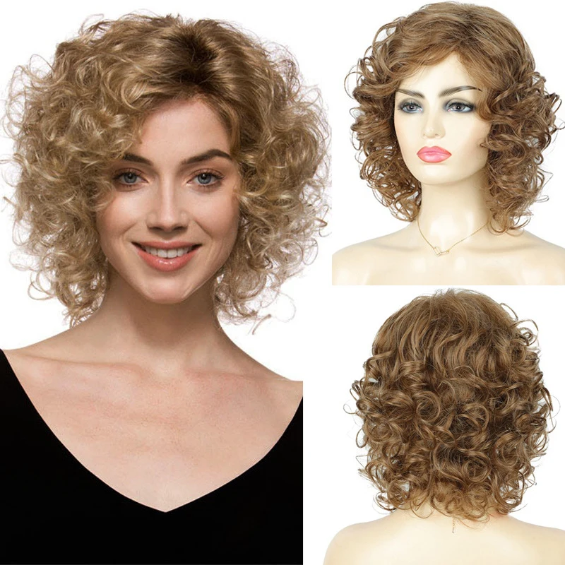 Fashionable European and American women's mixed-color fluffy short curly synthetic wigs