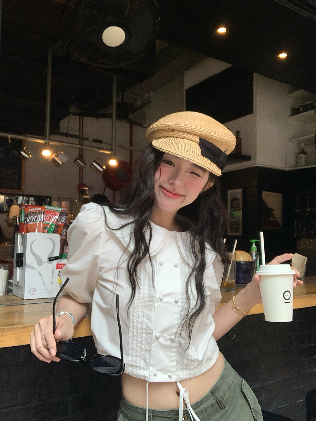 

Sinbounboun Sweet Style Short Shirt with Belt Five Sleeve Doll Collar Breathable Cotton Polyester Material Pressed Pleats