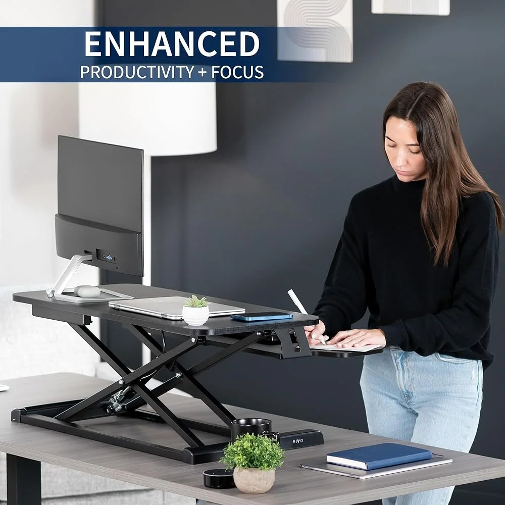 Height Adjustable Desk Converter Dual Monitors Sit to Stand Riser with Keyboard Tray Easy Setup Office Workstation