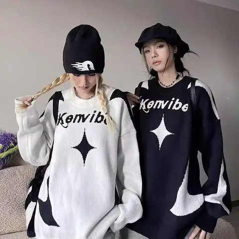 

Мужской вязаный свитер свободного кроя с длинными рукавами, осенне-зимний, больших размеров, с круглым вырезом, с буквенным принтом, в японском стиле, модный топ