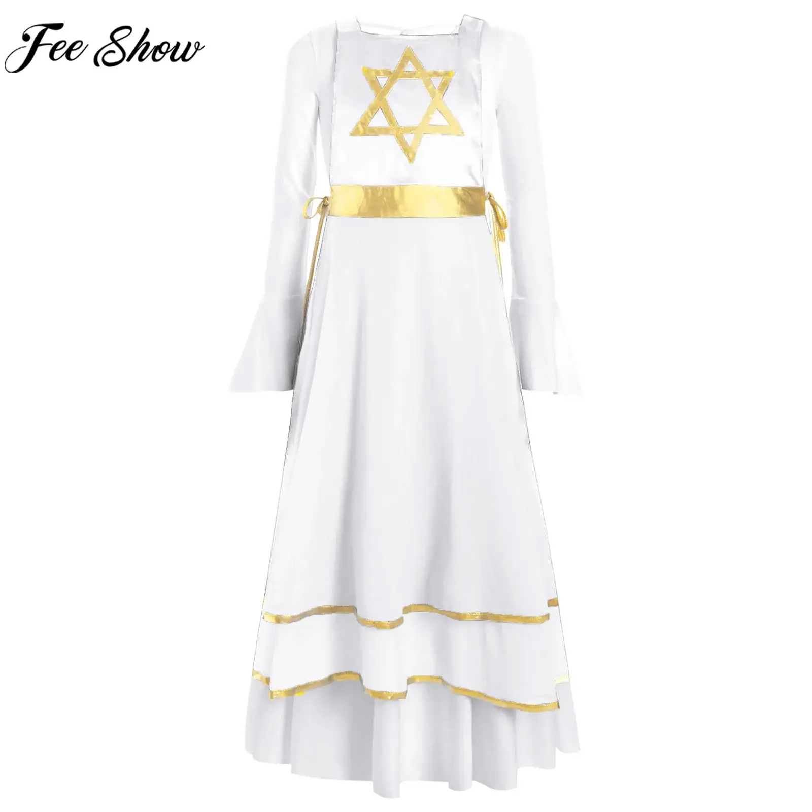 Children Girl Praise Lyrical Dance Dress Church Choir Liturgical Worship White Gown with Lace-Up Tunic Stage Performance Costume