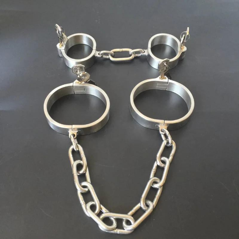 Heavy Stainles Steel Slave Wrist Handcuffs Ankle Cuffs Shackles /Detachable chain BDSM Bondage Lock  Adult Fetters Slave Sex Toy