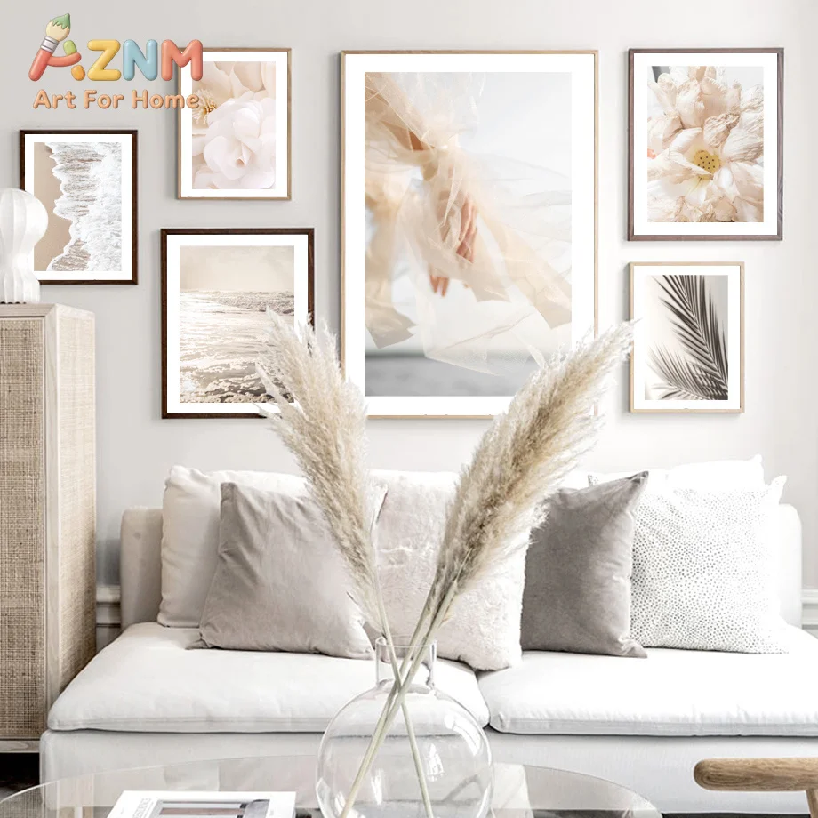 AZNM Soft Beige Neutral Canvas Wall Art Floral Feather Ocean Beach Print for Nordic Living Room Bedroom Boho Home Aesthetic Deco