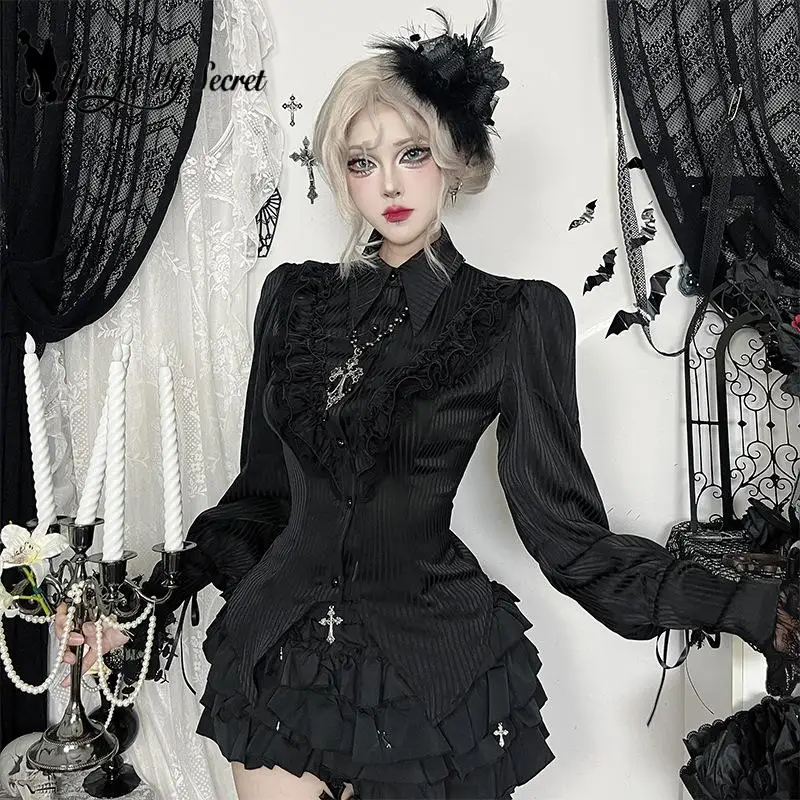 

[You're My Secret] Sweet Lolita Black Shirts Gothic Slim Lapel Collar Buttons Long-Sleeved Shirts Women's T-Shirt Clothes 2025