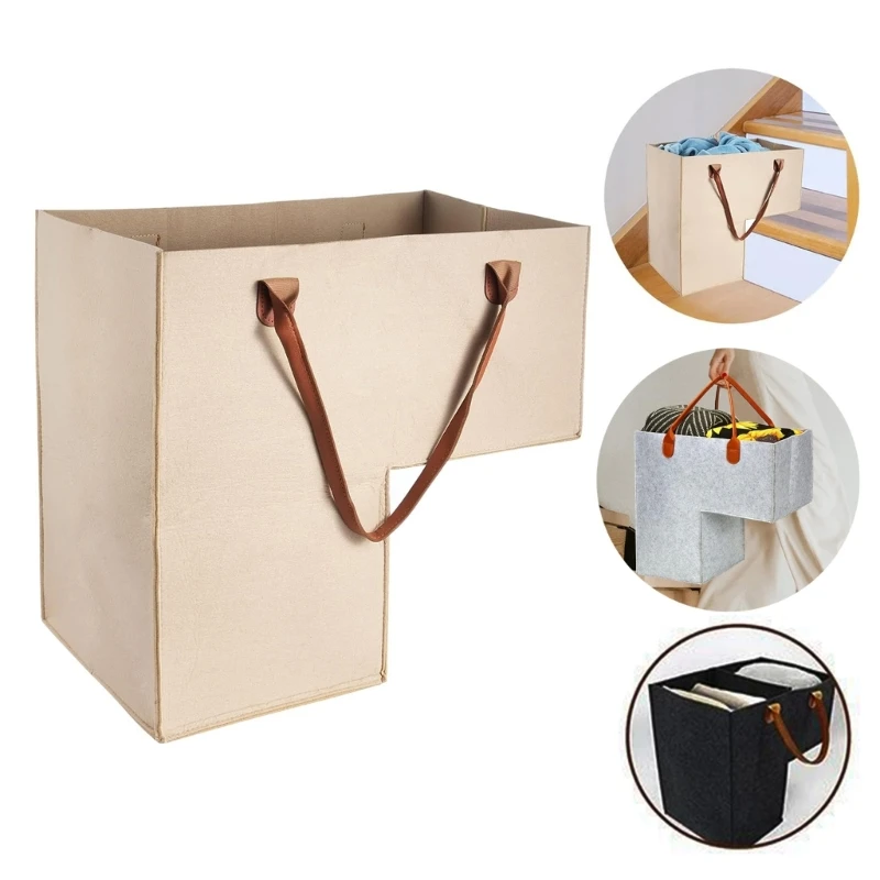 Stair Basket with Leather Handles Felt L-Shape Large Capacity Stair Step Bin Foldable Staircase Organizer for Clothes