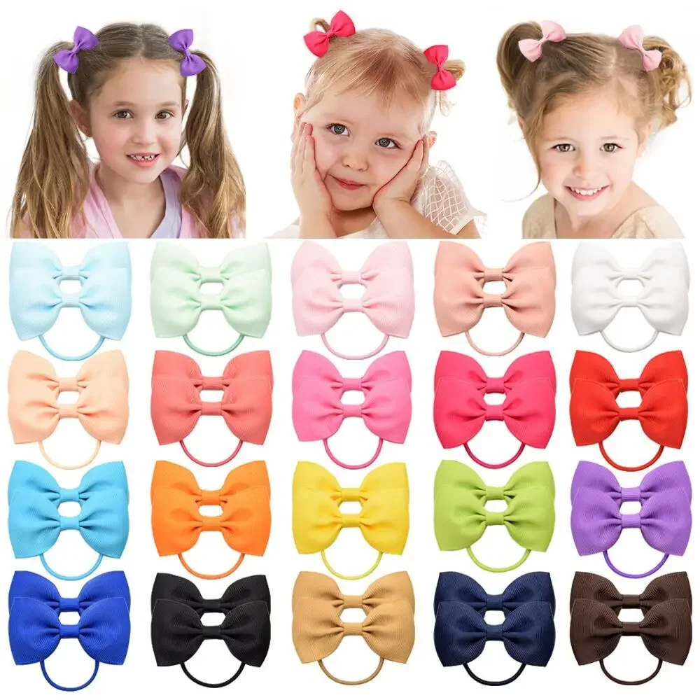 20Pcs/lot Solid Grosgrain Ribbon Bows Hair Bands for Baby Girls Handmade Ponytail Holder Elastic Rope Headband Hair Accessories