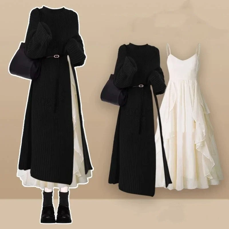 2025 Spring Autumn New Clothing Matching Sets Women Graceful Lucky Red Long Split Sweater Sleevess Dress Two Piece Suits - Image 2