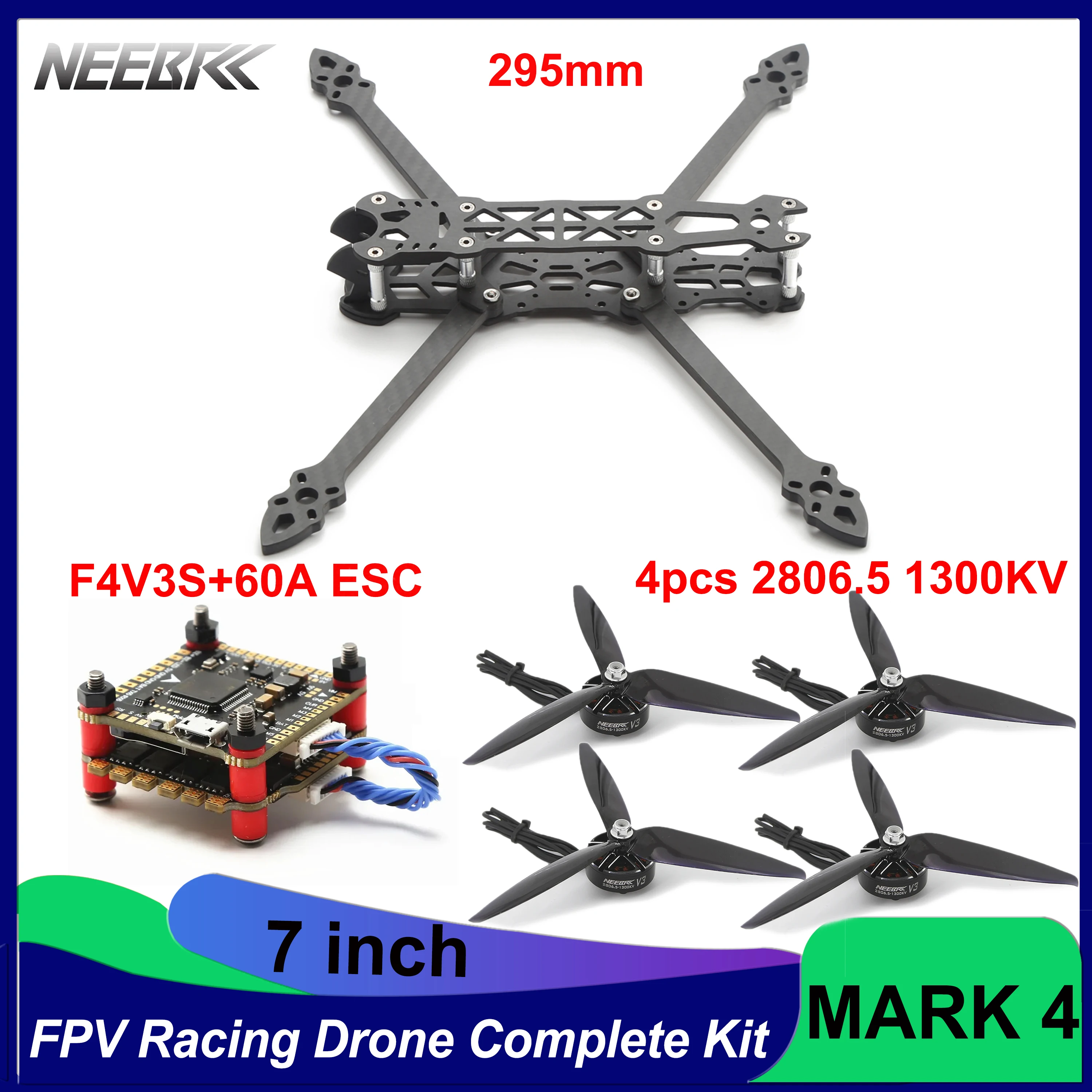 MARK4 Complete Kit 7inch Frame 2806.5 1300KV Brushless Motor 7040 Propeller 60A ESC F4V3 Flight Controller for FPV Racing Drone