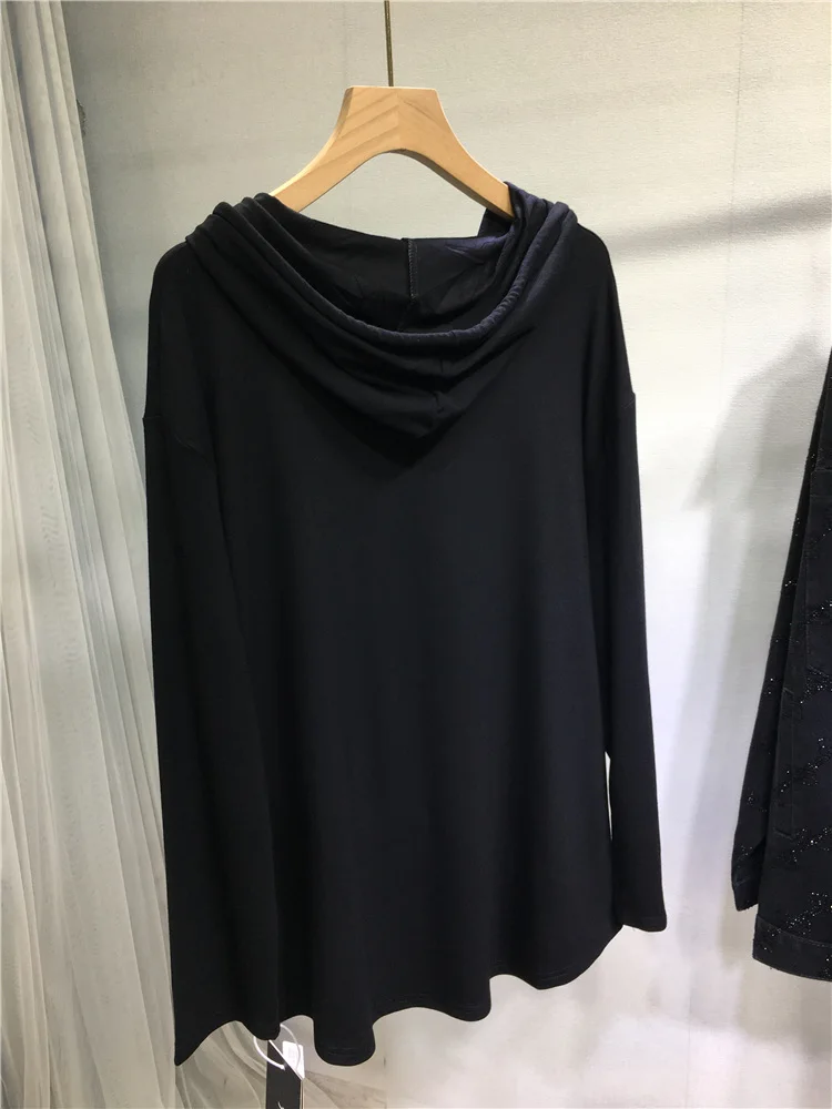 Cute Cartoon Rhinestone Hoodies Autumn Winter Mid-Length Cotton Sweatshirts Versatile Slimming Hooded Top For Women's Black Coat