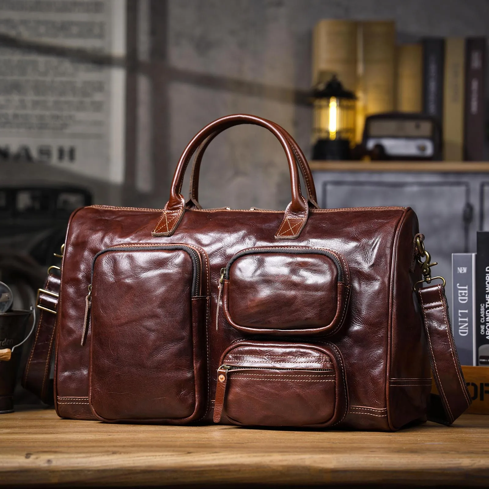 S.WORKER Vintage Echtleder-Reisetasche Italienische Rindsleder-Reisetasche Herren-Weekender-Tasche Sporttasche Handgepäck – Detail 15