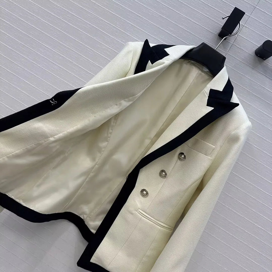 2025 New Autumn Fashion Meltal Double Breasted Blazer Jacket Women Preppy Style Stripe Line Notched Long Sleeve Slim Suit Coat