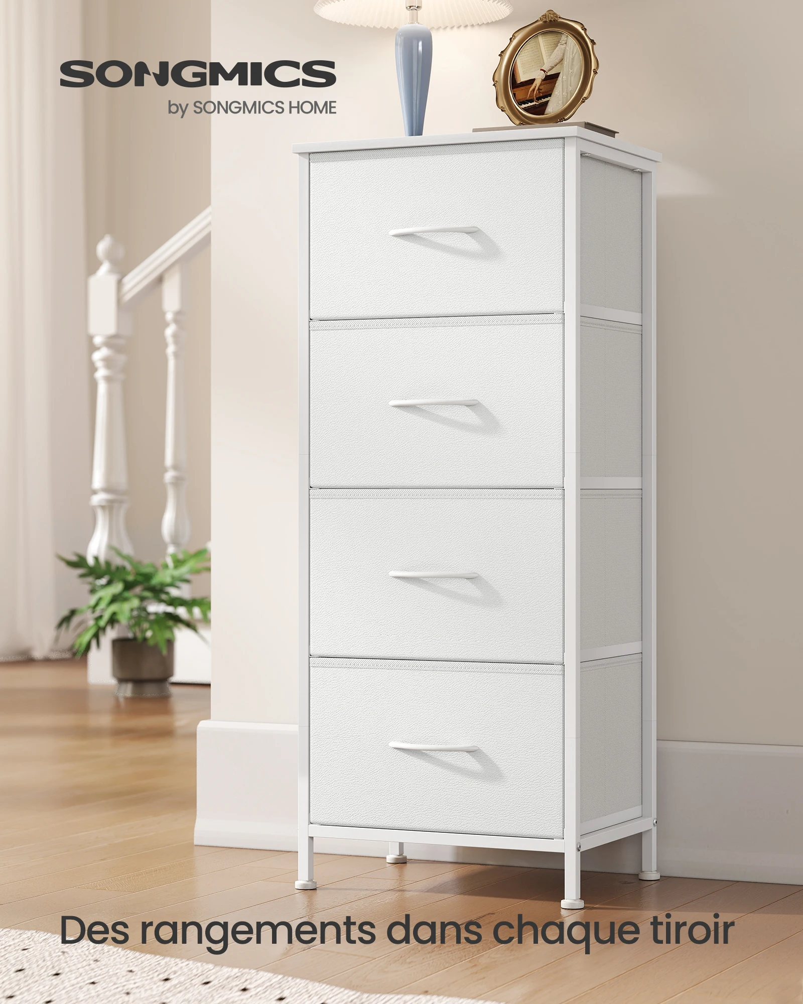 SONGMICS Commode 4 Tiroirs, Meuble de Rangement pour Chambre, Acier, Panneau MDF, Tissu Non-tissé, pour Couloir, Entrée, Salon, Blanc Nuage et Blanc Neige
